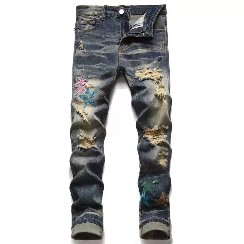 

2022 European and American mens designer ripped jeans hip-hop high street fashion fashion stitching cycling motorcycle embroidery close-fitting slim pencil pants, Customize