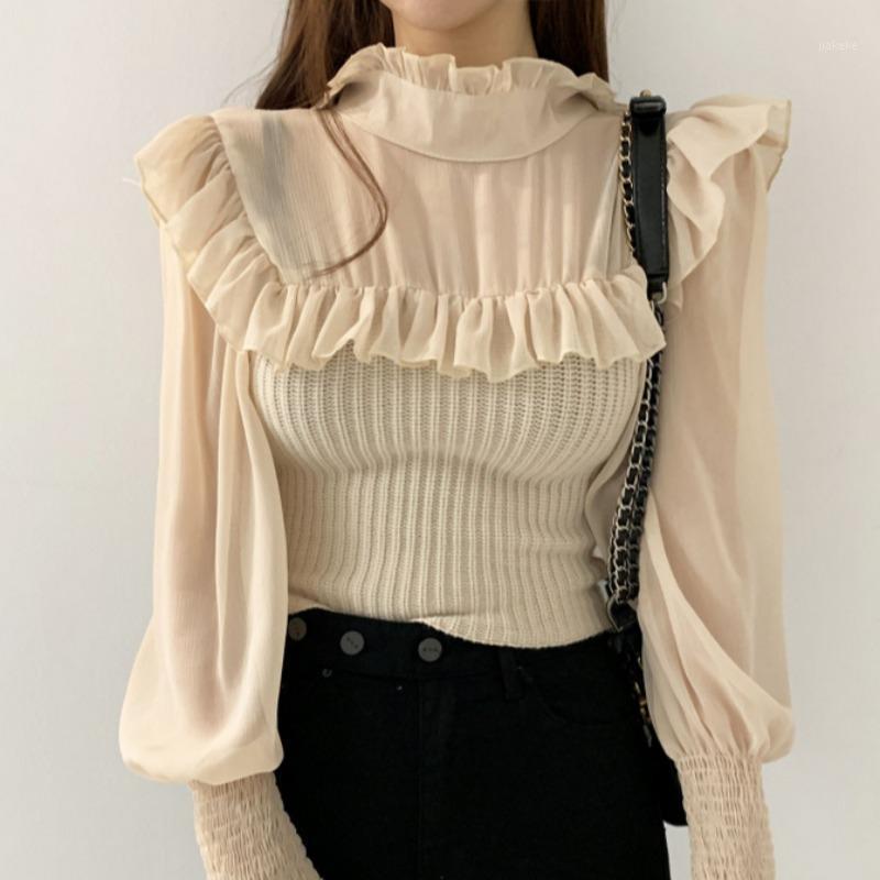 

Women's Sweaters Korean Chic Early Autumn Elegant Pullovers Half High Neck Ruffle Slim Fitting Lantern Sleeve Knitted Chiffon Stitched Sweat, Black