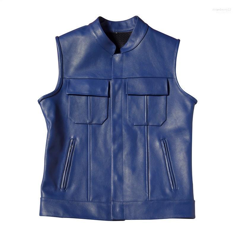 

Men's Vests BONJEAN SOA Motorcycle Biker Leather Vest Blue Zipper Pocket Mens Genuine Sleeveless Jackets Cowhide Waistcoat -2XL Stra22