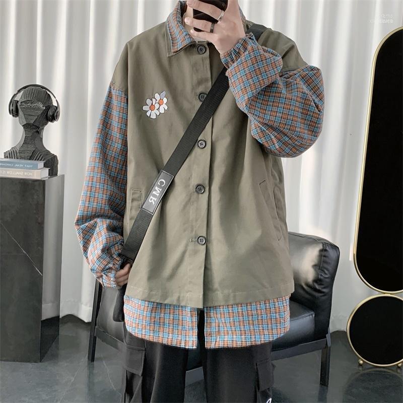 

Men's Jackets 2022 Spring And Autumn Small Daisy Print Fake Two-piece Stitching Loose Jacket Fashion Casual Wild Top Black / Green -2XL1