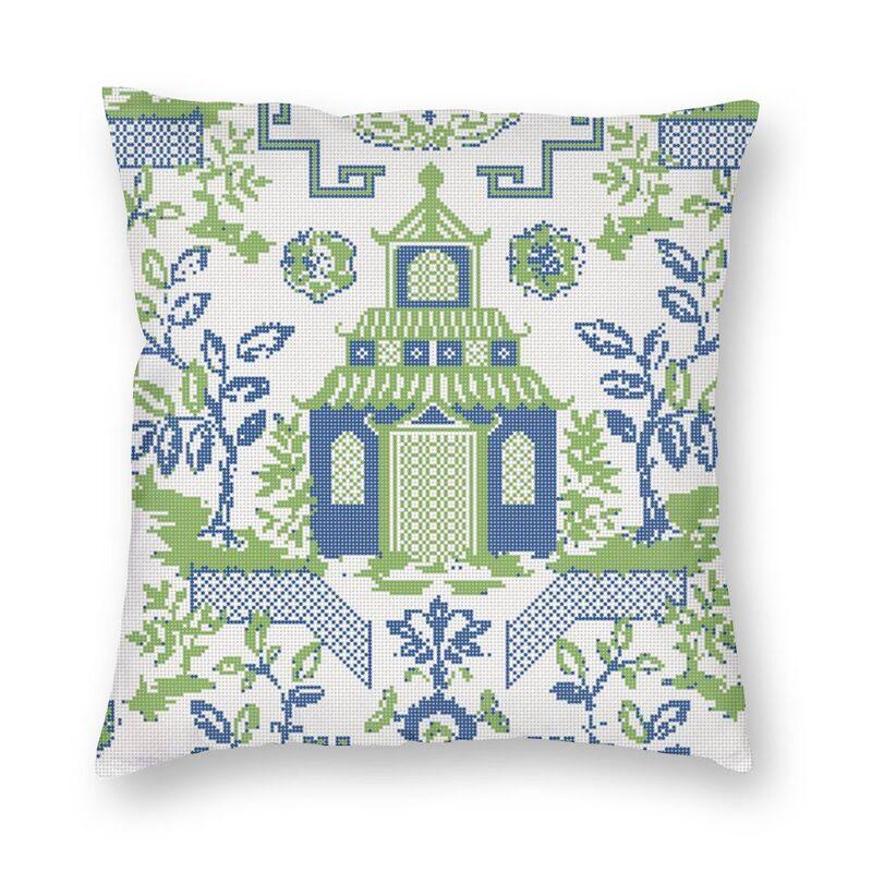 

Cushion/Decorative Pillow Vintage Chinoiserie Willow Pagoda Square Case Home Decor Delft Blue Cushions Throw For Living Room PrintingCushion, Multi