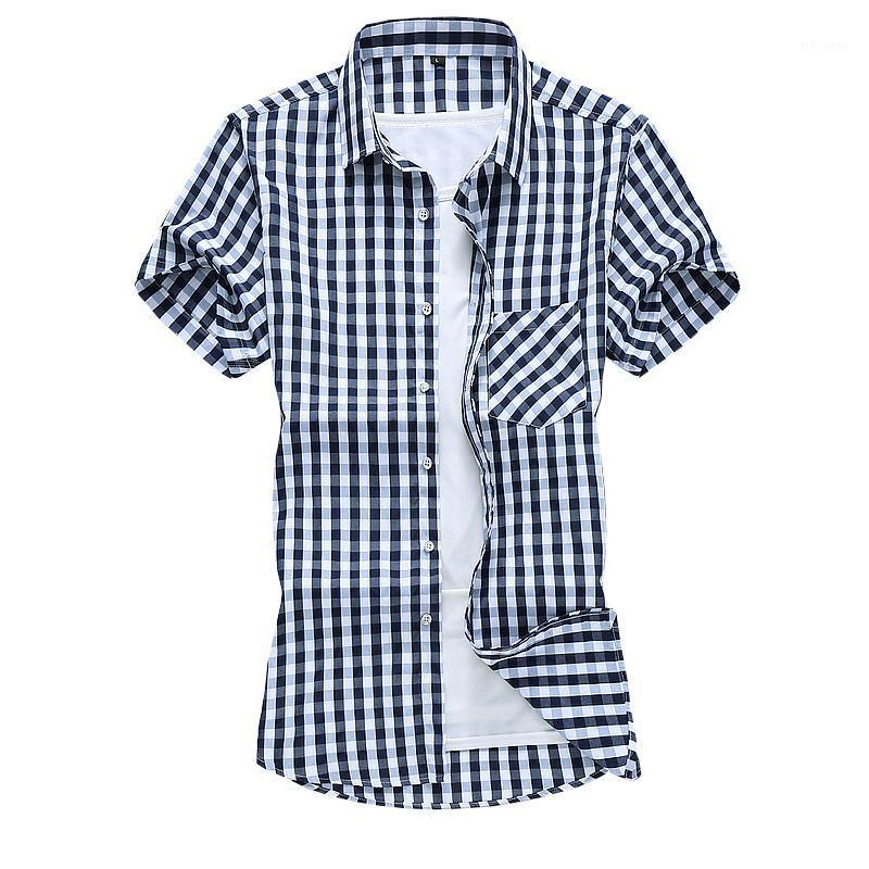 

Men's Casual Shirts -7XL Plus Size Mens Summer Men Plaid Shirt Fashion Dress Sleeve Checkered Short, Blue