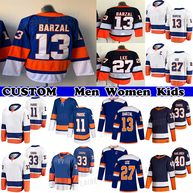 

13 Mathew Barzal Jersey 27 Anders Lee 33 Zdeno Chara 11 Zach Parise 40 Semyon Varlamov 29 Brock Nelson Custom Mens Womens Youth Any Name Any Number hockey jerseys, White fights cancer mens