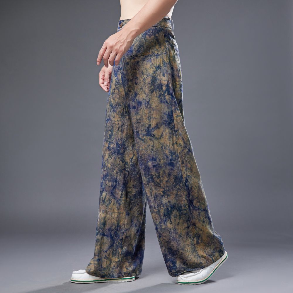 Men's Streetwear Casual Wide Leg Pants ethnic style splashed color Clothing cotton linen male Summer vintage Trousers