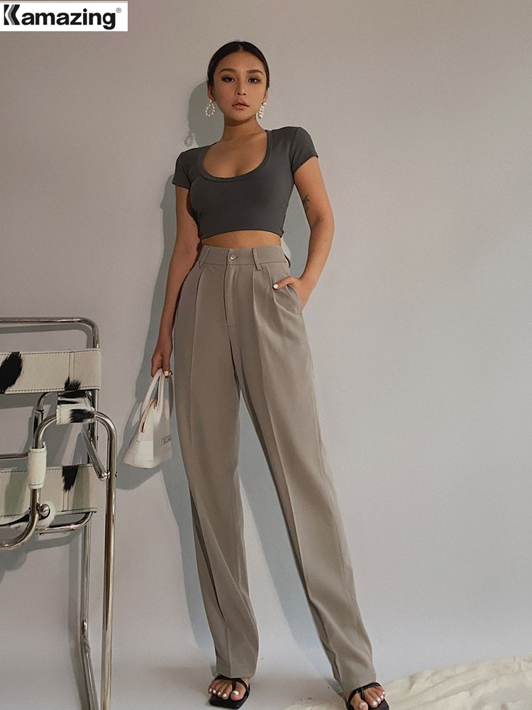 

Spring Office Lady High Quality Elegant Casual Fashion Wide Leg Women Female Pants  220716, Black