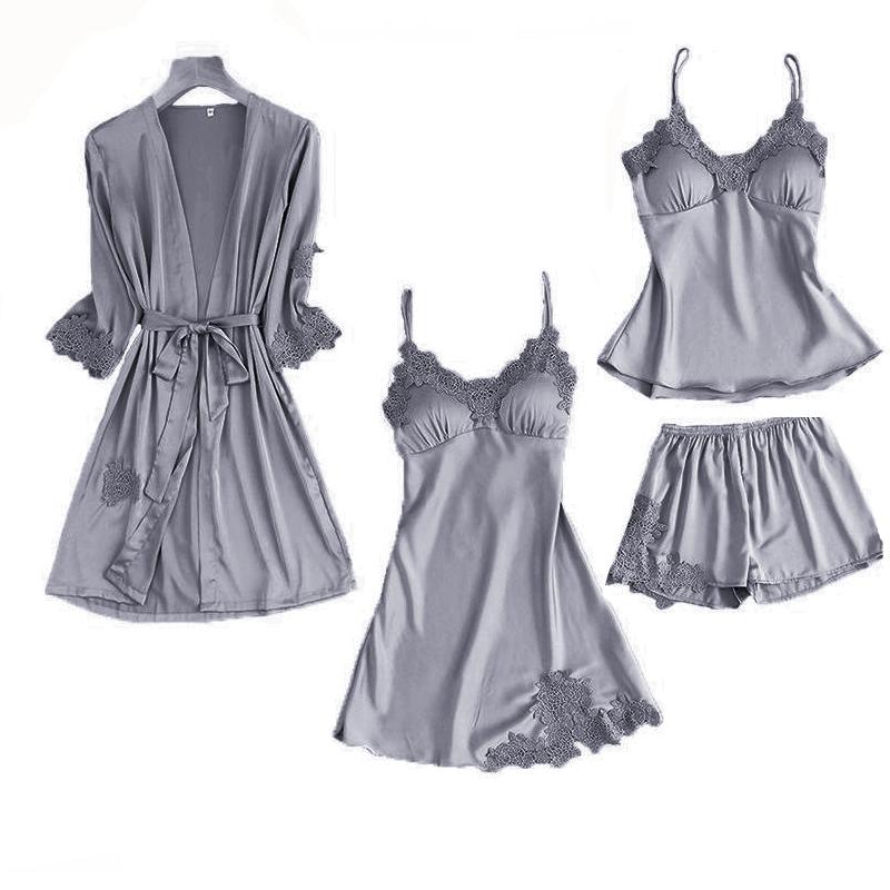 

Women's Sleepwear 4PCS Nightie Gown Set Black Women Nightshirts V-Neck Pajamas Print Sleep Bathrobe Wear Home Suit Negligee Spring Robe, Black - pajamas