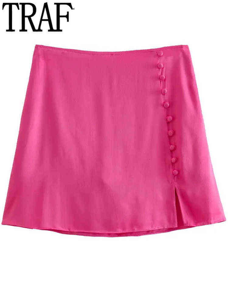 

TRAF 2022 Rosy Satin Skirt Women High Waist Short Skirts Woman Summer Button Skorts Fashion Streetwear Y2k Green Mini Skirt T220819, Rose red