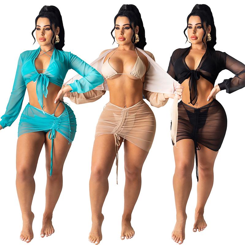 

Work Dresses Summer 2022 Mesh Sheer Sexy Two Piece Set Women Long Sleeve Crop Top Mini Skirt Sets Beach Sun-proof Cover (No Bikini), Black