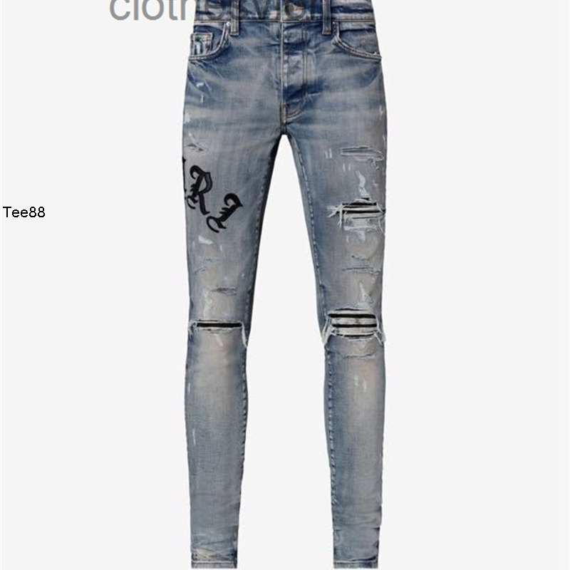 

Jean Designer Jeans 2022 Amirs Amirsy Style Patchwork Embroidery Side Letters Are Worn, Damaged, Washed, Slim Fit Black