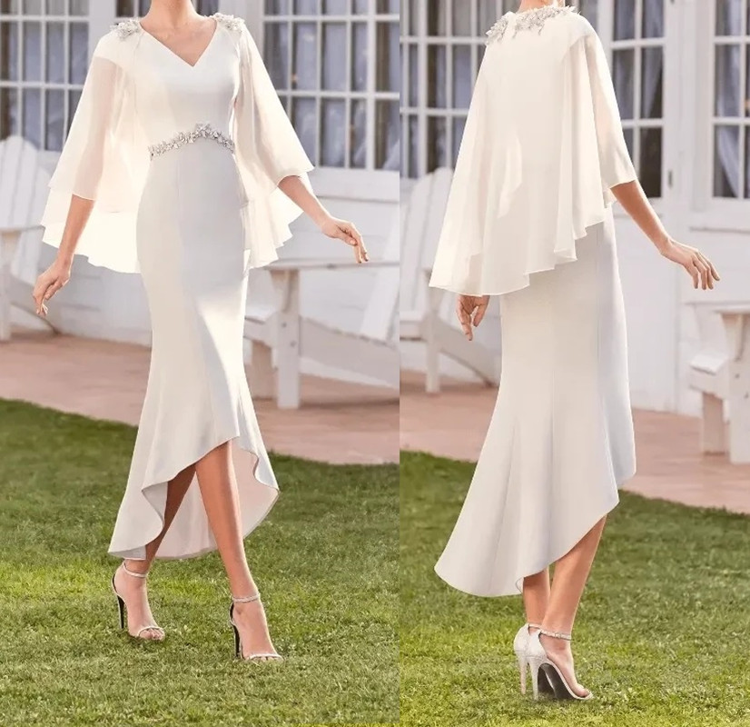 

New Elegant Ivory Mother Of The Bride Dresses High Low V-Neck Mermaid Long Sleeves Flowers Mother Daughter Evening Dress