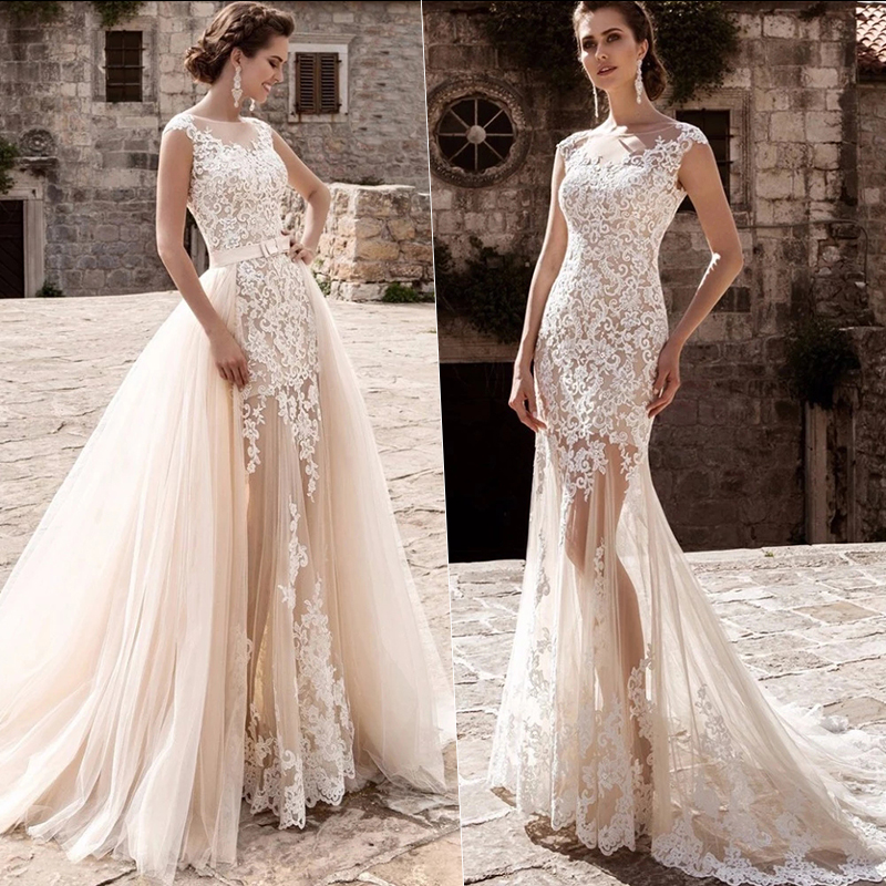 Robe de mariée sirène élégante sans manches, col transparent, Appliques en dentelle, longueur au sol, train détachable, Illusion creuse, volants