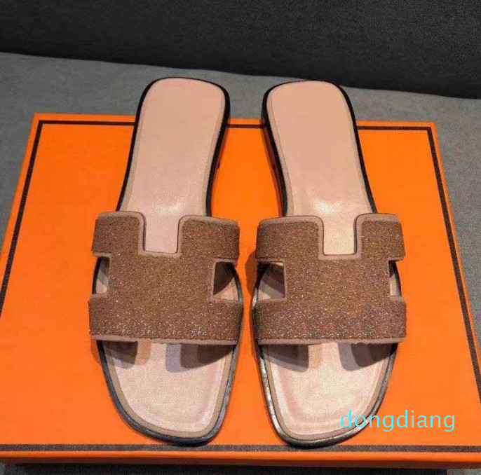 

Designer Women H -Sandals Fashion Leather Slippers Summer Flat Oran Slides Ladies Beach Sandal Party Wedding Slipper With Box