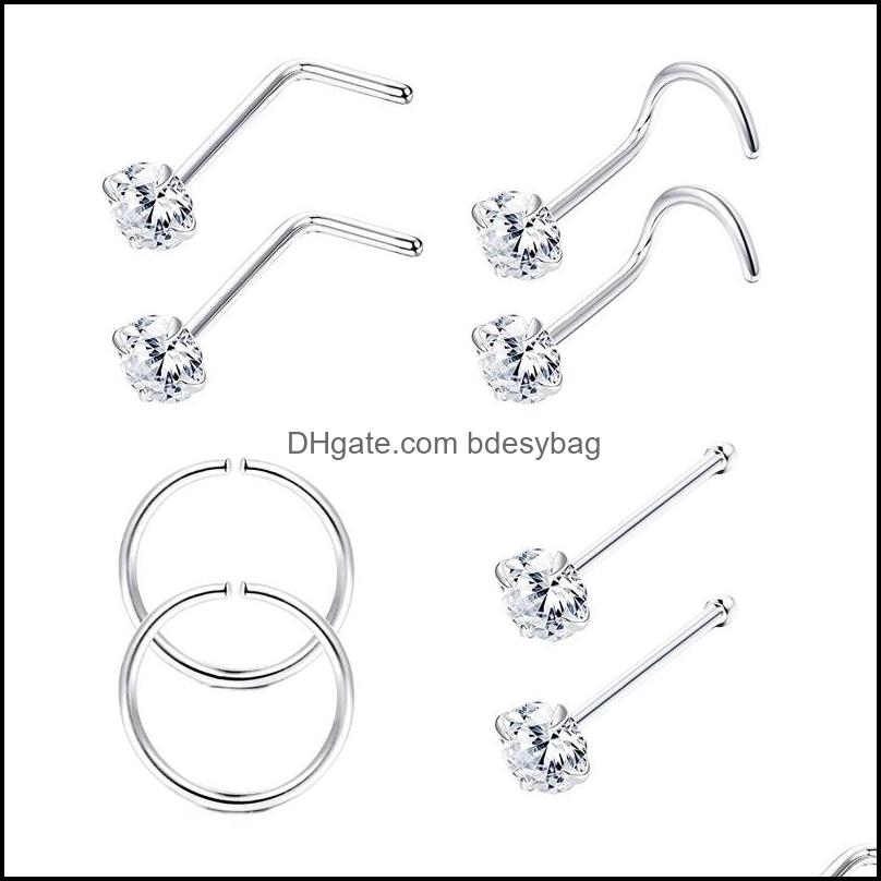 

Nose Rings Studs 8Pcs 925 Sterling Sier L Shaped Cz And Hoop For Women Men 22G Helix Piercing Jewelry Li Bdesybag Dhhxl