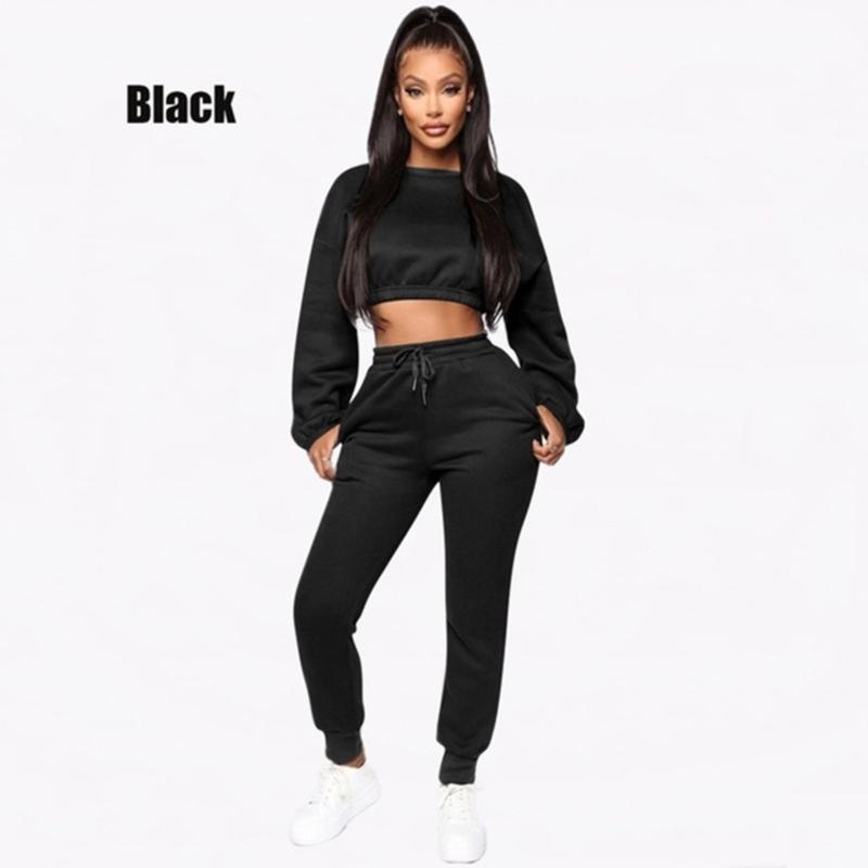 

Women' Two Piece Pants 2022 Fashion Casual Set For Ladies Pure Color Plus Velvet Sweater+Solid Fleece Trousers Fall Wholesale, Black