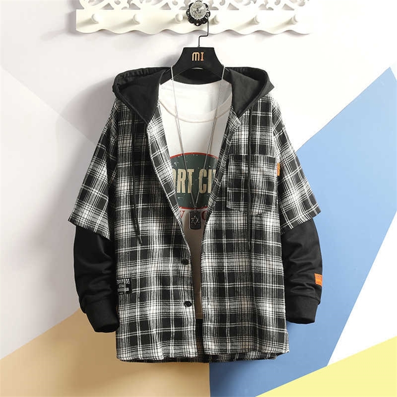 

Casual Brand Jacket men Hooded Plaid Shirt Men Shirts Long Sleeves Autumn Plus Size -5XL 210701, Black