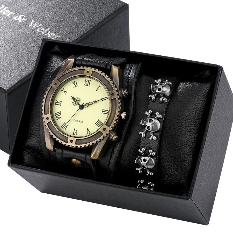 

Wristwatches Men Black Quartz Vintage Genuine Leather Watch Bracelet Set Gift For Boyfriend Relogio Masculino, Watch-bracelet 01