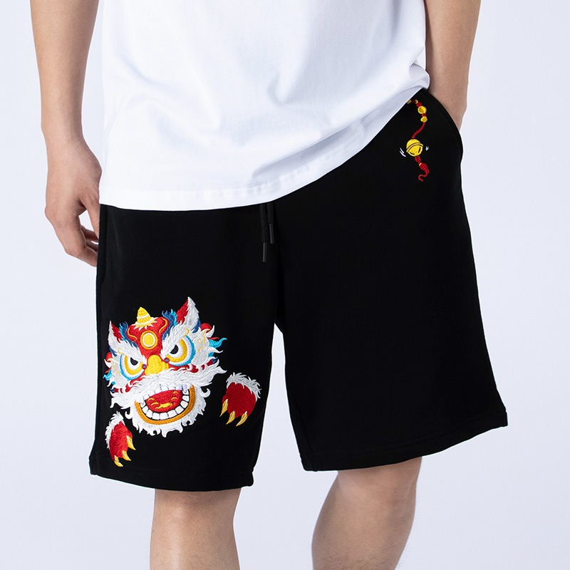 

Men' Pants Chinese Traditional Lion Embroidered Shorts b3GZ#, White