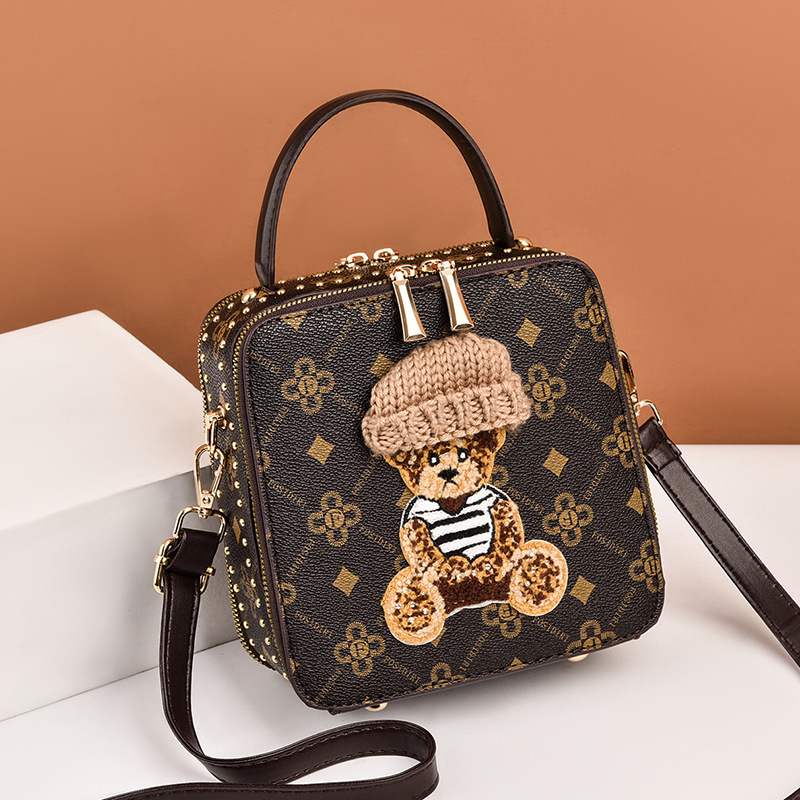 

Wholesale ladies shoulder bag sweet little fresh solid color leather handbags classic printed plaid handbag street trend cartoon embroidery messenger bags, Coffee-901