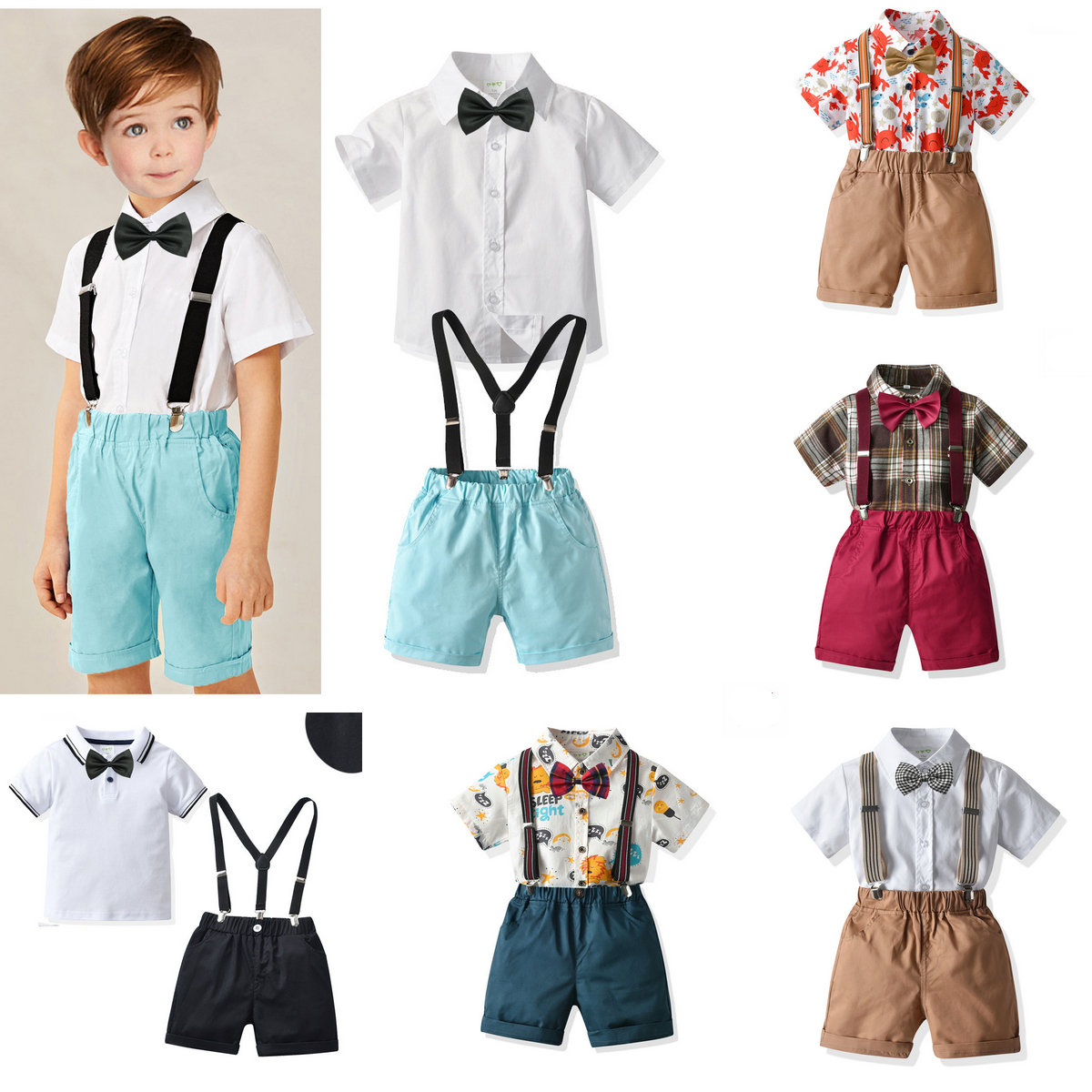 

31 styles Boys clothing set summer Dress Shirt with Bowtie + Suspender shorts Pants Kids Clothing sets outfits tracksuits children 1-6Y boutique clothes, Pls pay the different