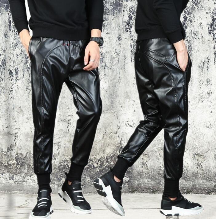 

Men's Pants Autumn Personality Fashion Men Skinny Motorcycle Leather Harem Pant Feet Trousers Pantalones Hombre Elastic WaistMen's