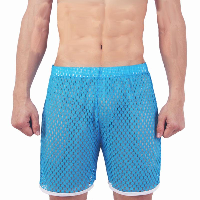 

Men' Shorts Mesh Men Sexy Beach Board See Through Fishnet Gay Male Stage Loose Hollow Out Blue Red Black White