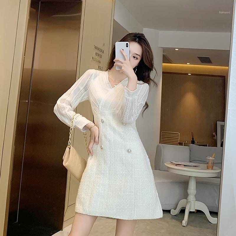 

Casual Dresses 2022 Fashion Spring Fall Women Vintage Solid Femme V Neck Long Sleeve Vestidos Slim Elegant Office Paty Mini Dress, Picture color