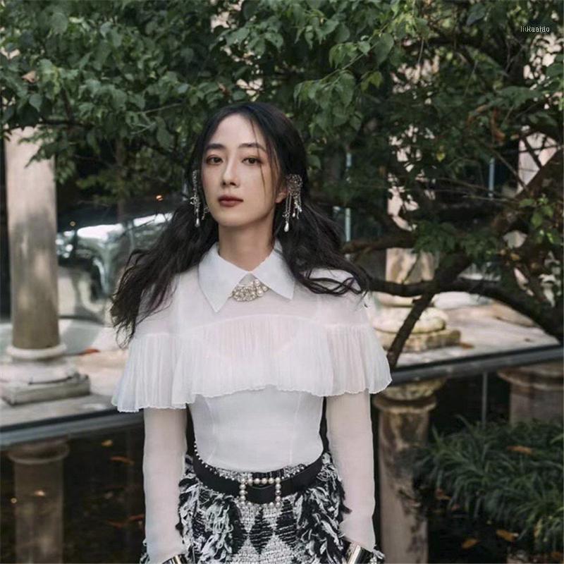 

Women's Blouses & Shirts Early Autumn 2022 Turn Down Collar Cloak Sleeve Pearl Button Women White Chiffon Reverse Shirt Girl