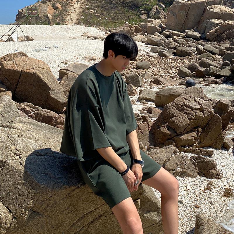 

Men's Tracksuits Summer Men's Short Sleeve T-shirt Round Neck Mens Sets Korean Fashion Trend Shorts Loose Solid Color Sportwear Suit -2, Black shorts