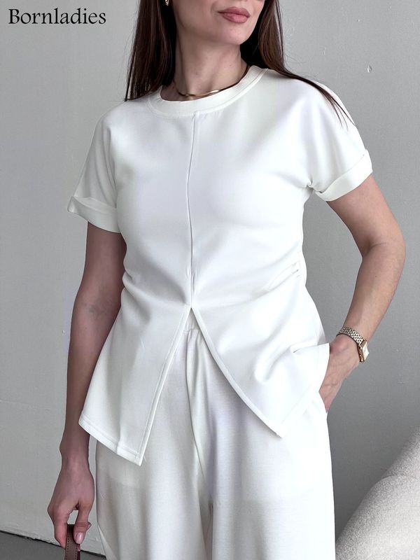 

Bornladies Spring Summer Fashion Women Tshirt Oneck Short Sleeve Slim Waist Solid Split Tshirt Girls Harajuku Tops 220615, Brown