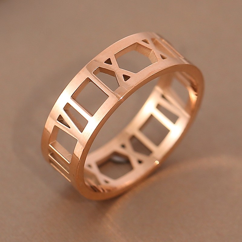 Classic Design Rose Gold Plated Stainless Steel Ring Hollowed Roman Numerals Ring Jewelry for Wedding Women Gift-image-760388205