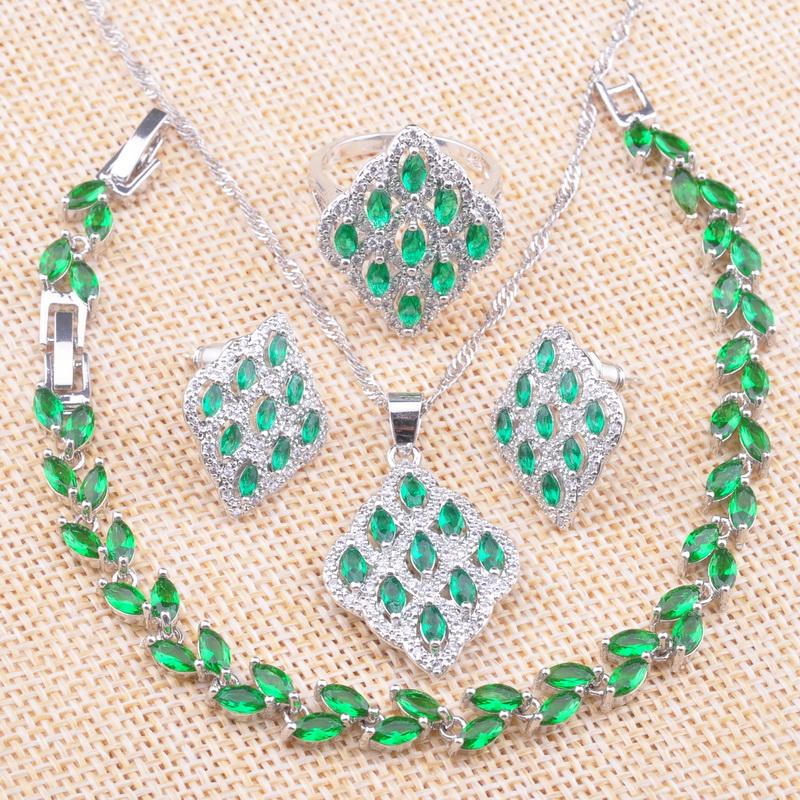 

Earrings & Necklace Silver Color Jewelry Sets For Women Wedding 2022 Luxury Green Crystal Rings Bracelet Christmas Gifts Z0736Earrings, As pic