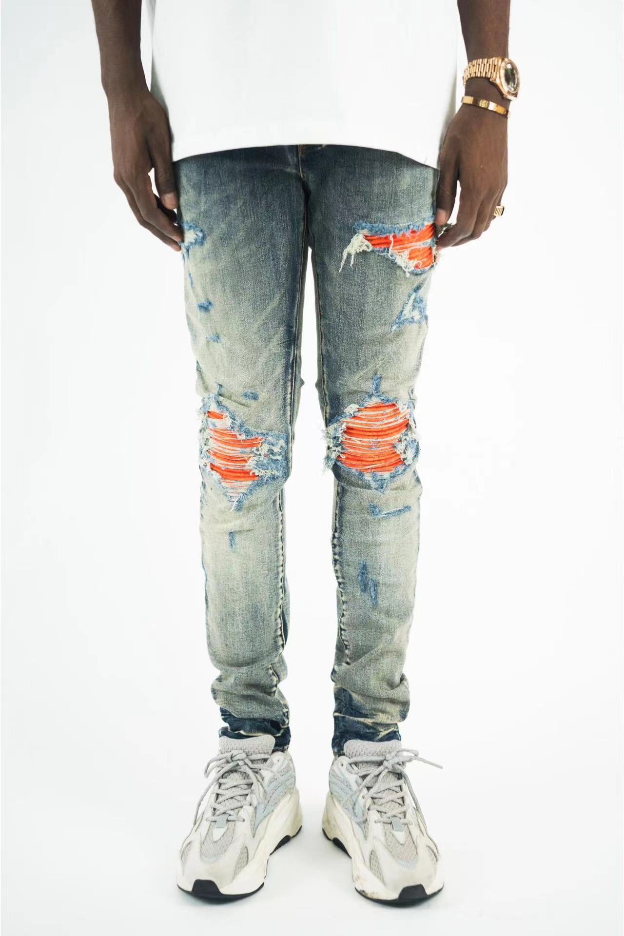 

Mens Jeans New Light Blue European and American Fashion Tide Brand High Street Patchwork Leather Appliques Hole Slim Straight Casual Casual Micro Bullet