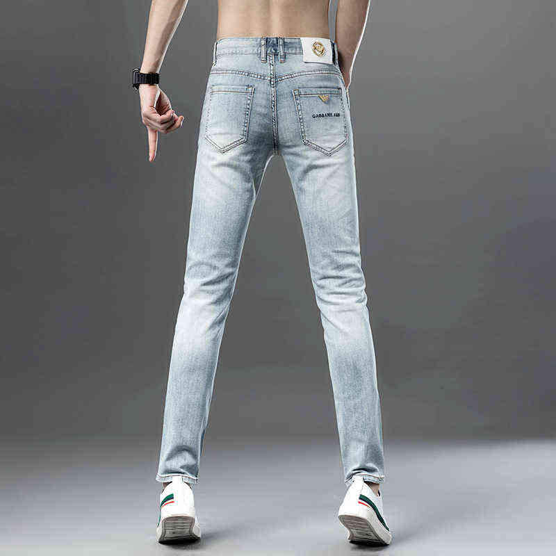 

and Spring Summer Jeans for Young Men Straight Tube Elastic Embroidery Casual Slim Fit Small Feet Blue Thin Style, K8102 light blue
