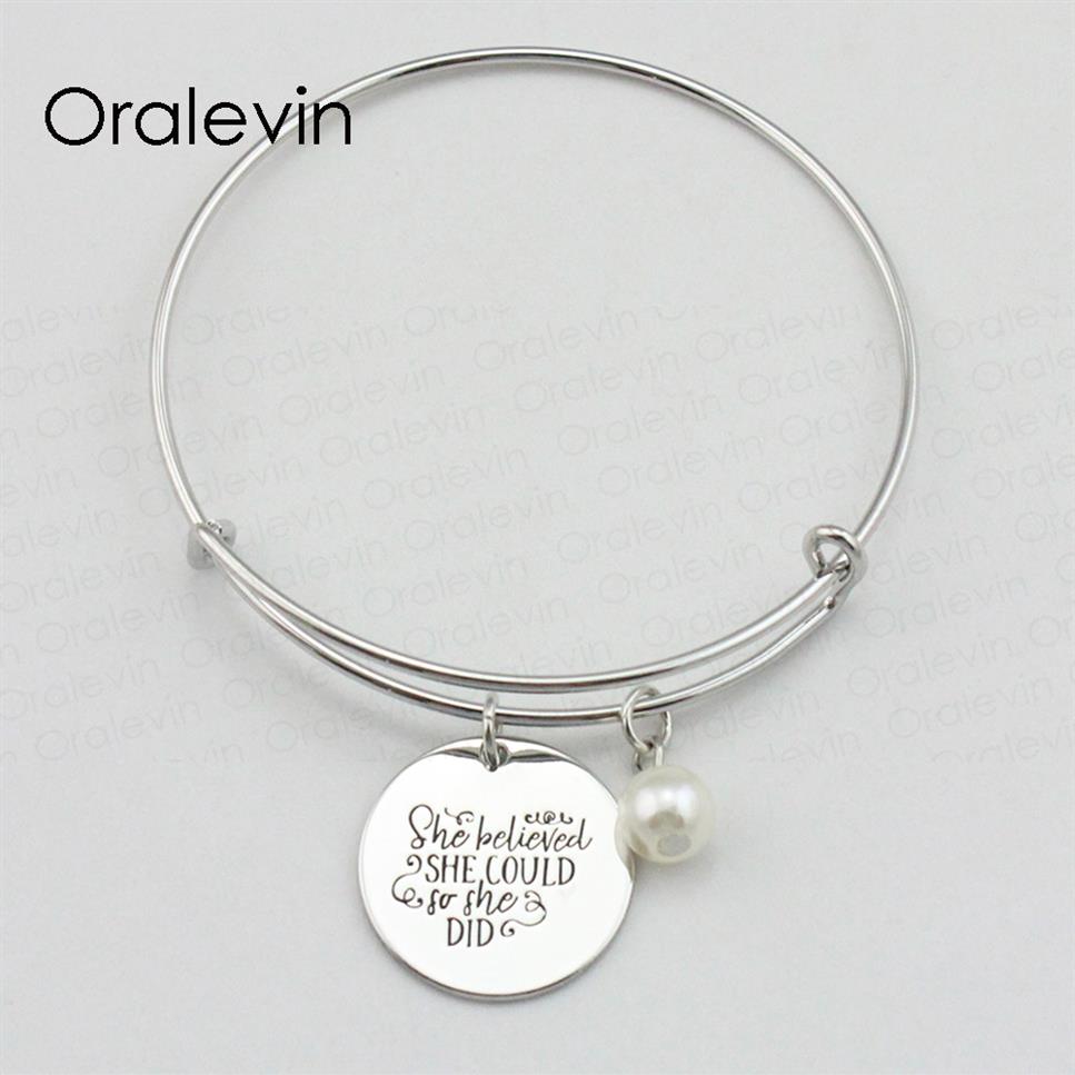 

SHE BELIEVED SHE COULD SO SHE DID Inspirational Hand Stamped Engraved Custom Pendant Bracelet Bangle Handmade Jewelry 10Pcs Lot #329s