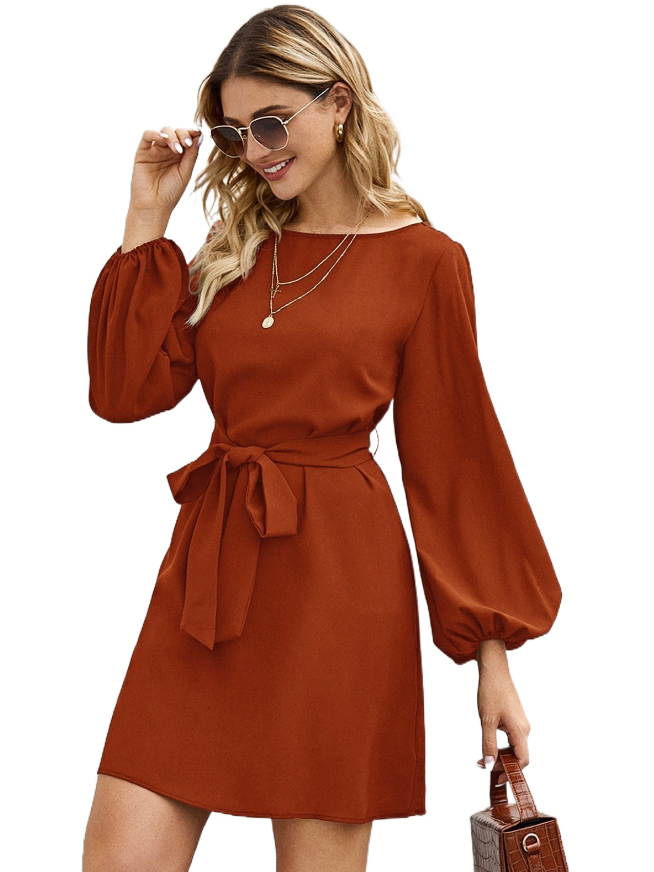 

boat Neck Bishop Sleeve Belted Dress U2KW#, Brown