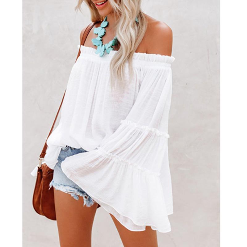 

Women's Blouses & Shirts Kayotuas Women Blouse Off-the-Shoulder Flare Long Sleeve Ruffles Beach Spring Autumn Loose Solid Color Pullover Str, White