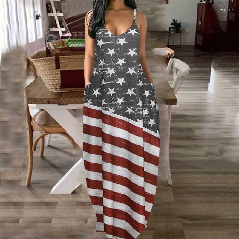 

Plus Size Dresses Women Fashion Long Dress Slash Neck Sleevless Casual Loose Big Hem Print National Flag Pocket Patchwork Vestidos Summer 20