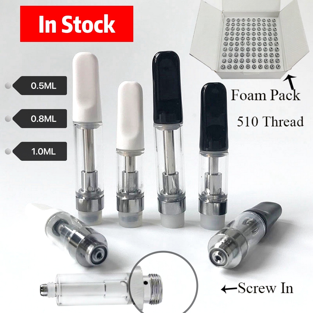 

Ready To Ship White Black TH205 Vape Cartridge 0.5ml 0.8ml 1.0ml Atomizers Ceramic Coil Empty Glass Tank Cartridges E Cigarettes Vapes Carts Vaporizer With Foam Pack