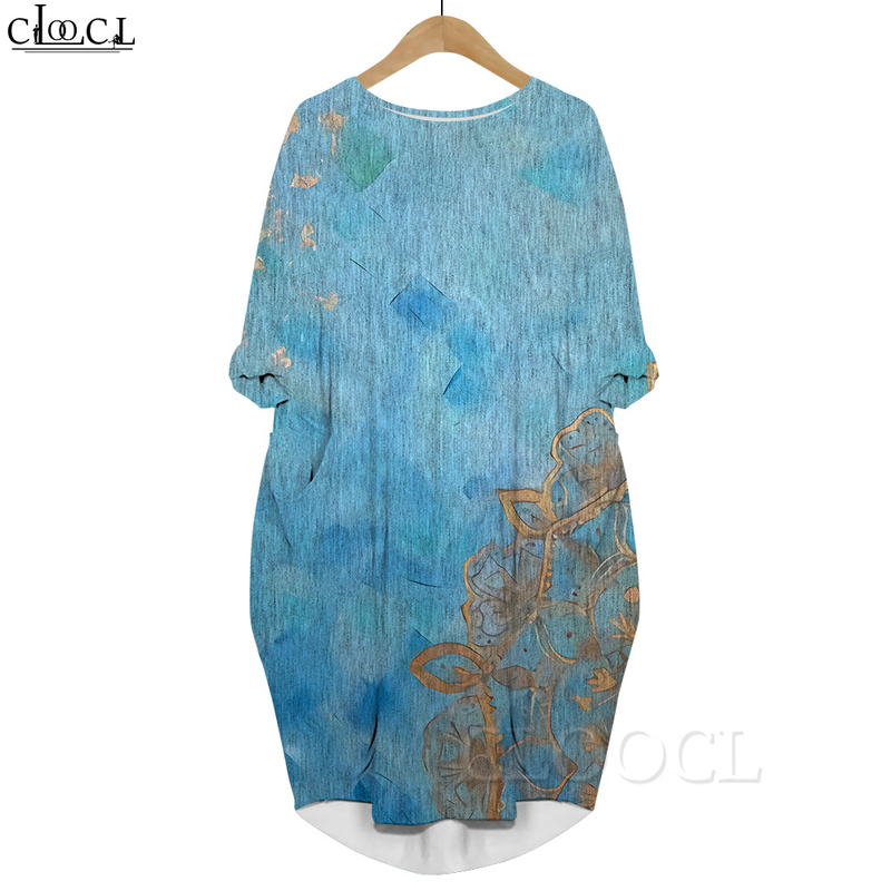 

Women Midi Dress Retro Pattern 3D Printed Dress Long Sleeve Pocket Dress Round Neck Loose Robes KneeLength Dresses 220616, Long sleeved dress 9