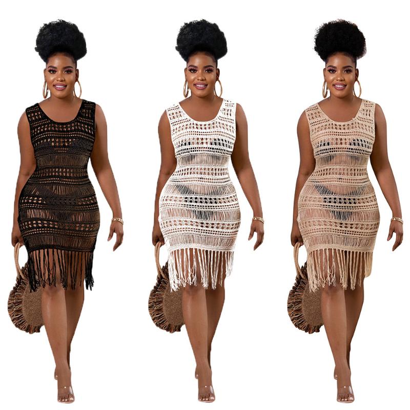 

Casual Dresses Summer Beach Bohemian Style See Through Mesh Sundress For Women Tank Sheer Crochet Mini Sexy Bodycon Bandage Dress KnittedCas, Black
