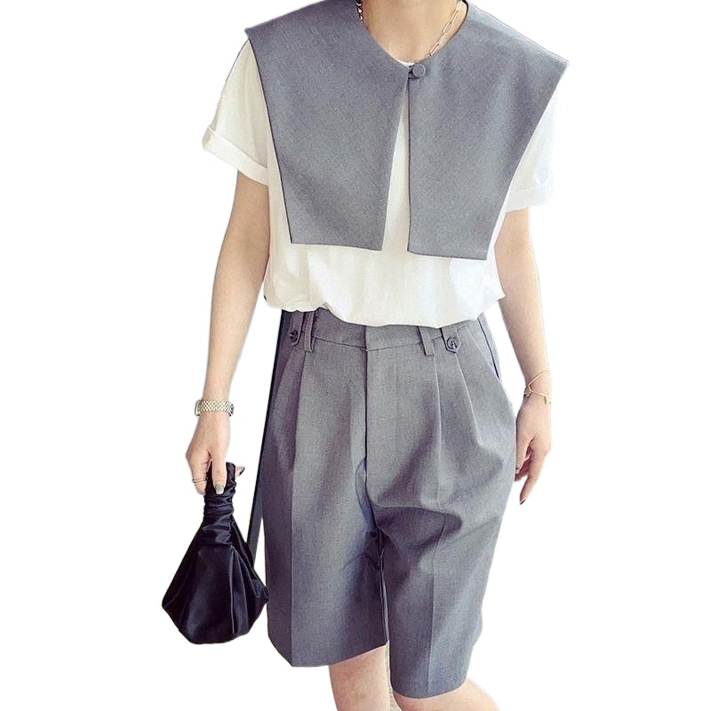 women's Tracksuits Sets Womens 3 Pieces Fashion O-neck Short Sleeve T-shirts Solid Shorts Temperament Korean Style Arrivals Streetwear Loose-image-790022483