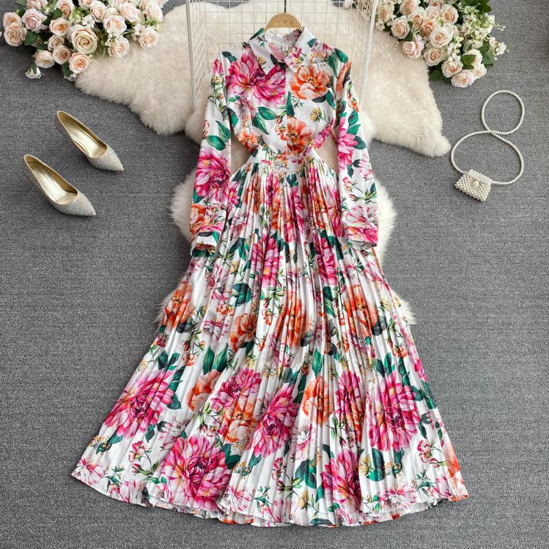 

Casual Dresses Ladies Vintage Print Pleated Mixi Dress Women Elegant Long Summer Vestidos Holiday Flowers Robe Autumn Female ClothingCasual, Pink
