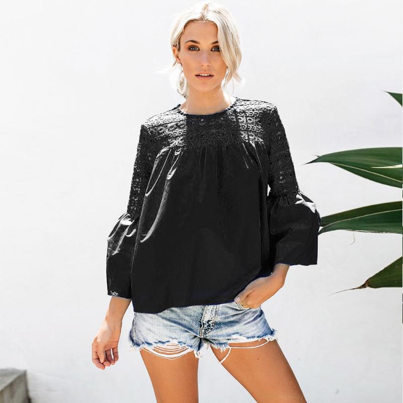 

Women' Blouses & Shirts Women Sexy Lace Blouse&T-shirt Autumn Adults Flare Sleeve Round Neck Hollow Out Blouse, Black