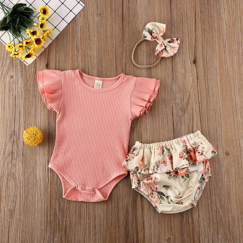 

Clothing Sets Summer Infant Clothes Baby Girl Ruffled Ribbed Bodysuit Girls Floral Shorts Headband Born 3Pcs SetClothing, Green
