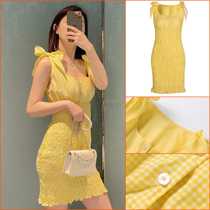 

25 2022 Spring Summer Brand Same Style Dress Sleeveless Empire Yellow Fashion Womens Clothes Crew Neck High Quality changji