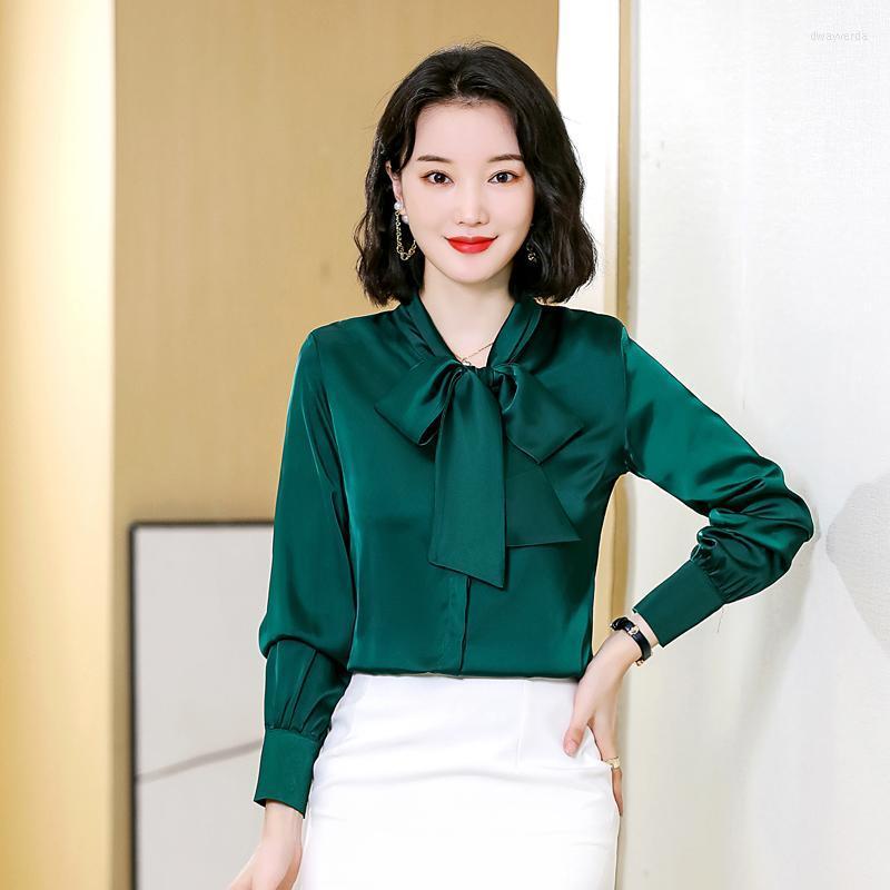 

Women's Blouses & Shirts Chikichi 2022 Autumn Silk Shirt Ribbon Commuter Solid Color Loose Bow Long Sleeves Woman TopWomen's Dway22, Dark green