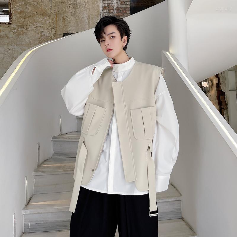 

Men's Vests 2022 Ruffian Handsome Vest Spring And Autumn Design Sense Of Minority Solid Color Belt Decoration Zipper Hidden Door Flap Kare22, Black