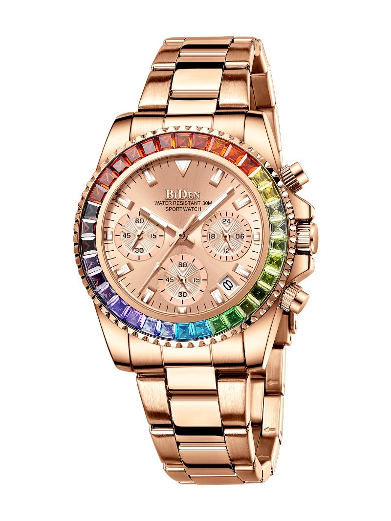 

Wristwatches BIDEN 0163 Rainbow Crystals Diamond Women's With Stainless Steel Strap Ladies Quartz Watch, White