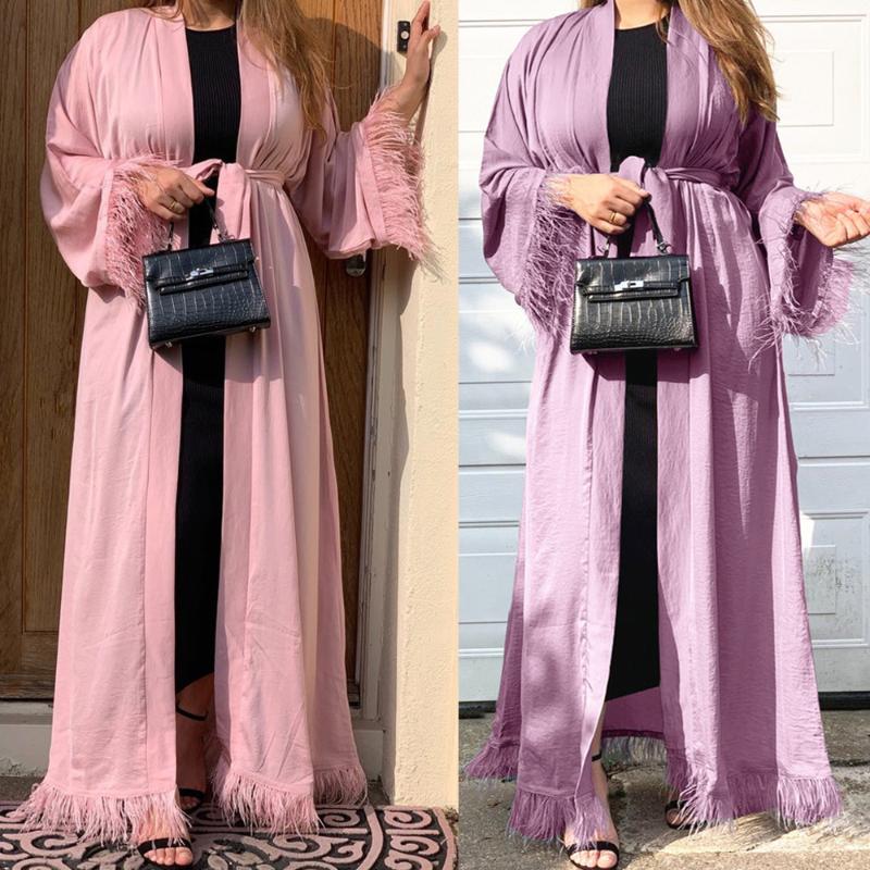 

Ethnic Clothing Dubai Women Open Abaya Solid Color Islamic Muslim Feather Edge Kimono Ramadan Kaftan Arabic Cardigan Elegant Casual Maxi Rob