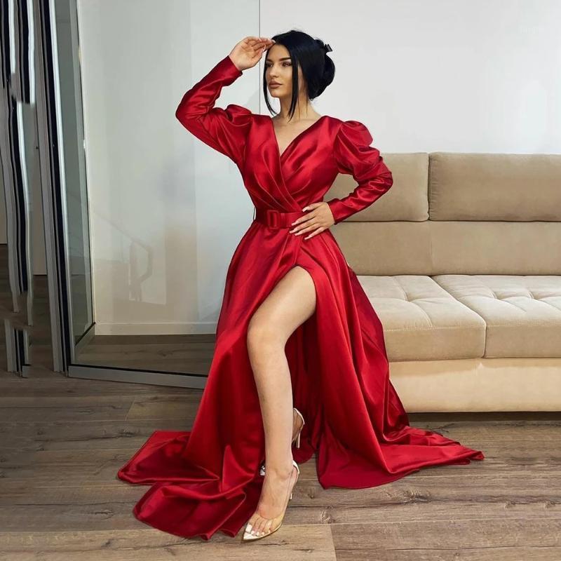 Party Dresses Dark Red A-Line High Slit Satin Prom Dress Deep V Neck Long Puffy Sleeves Evening Gowns Saudi Arabia